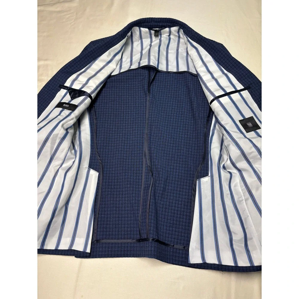 Hugo Boss Blue Checkered Virgin Wool Blazer Sport Coat Mens 40R Lanificio Tesse